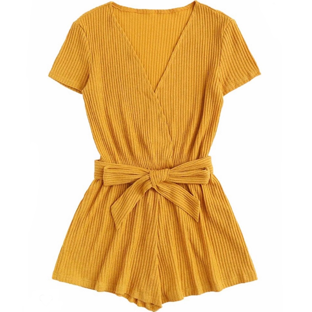 * S O L D * Yellow Ribbed Wrap Romper